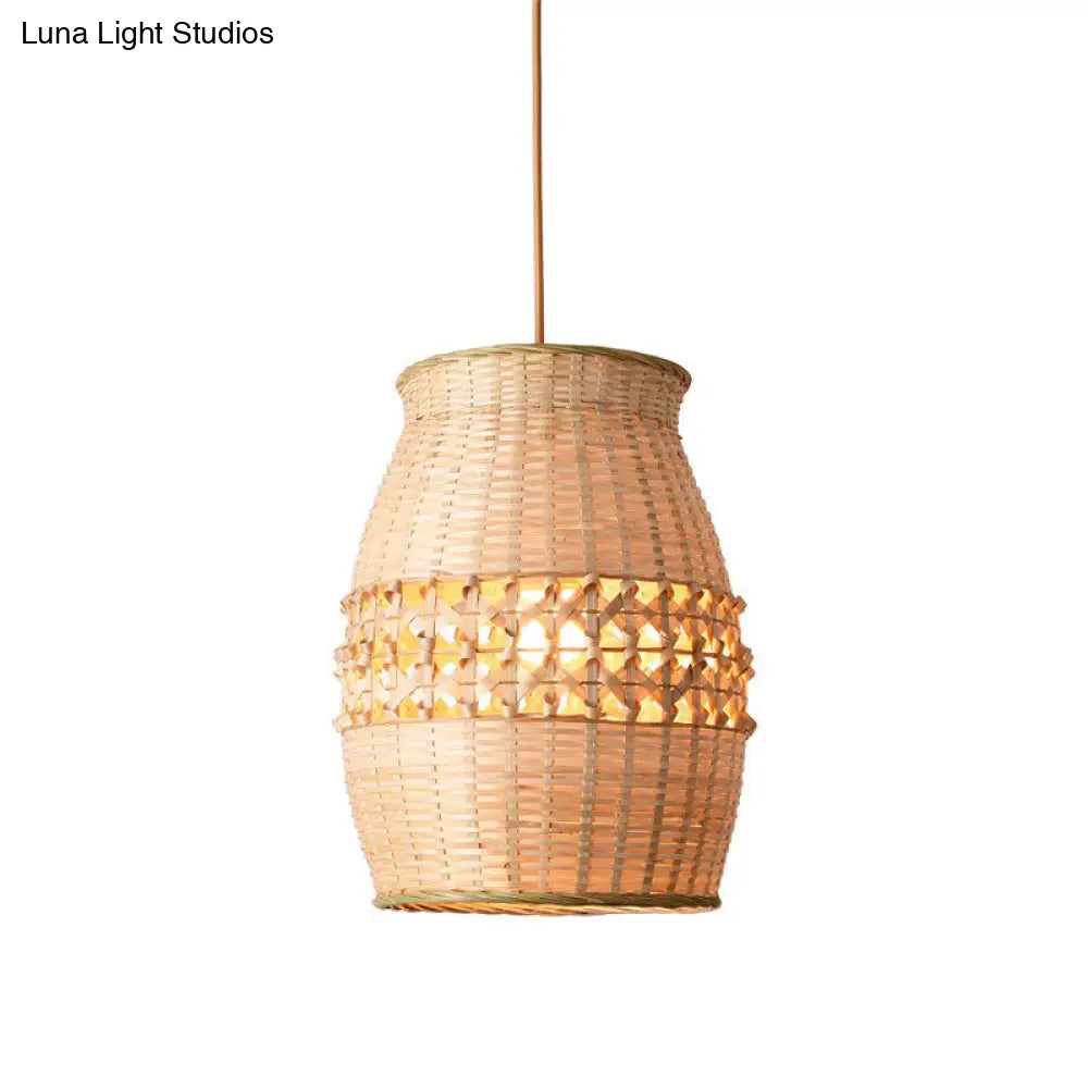 Asian Bamboo Jar Pendulum Light | Wood Woven Ceiling Hanging Lamp Fixture