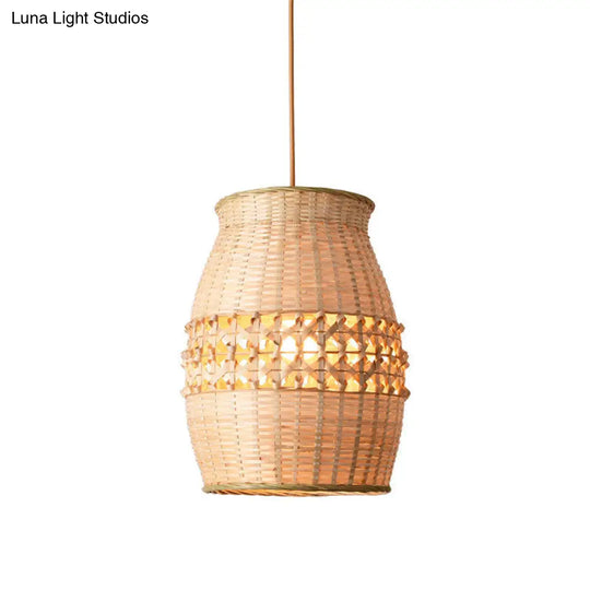 Asian Bamboo Jar Pendulum Light | Wood Woven Ceiling Hanging Lamp Fixture