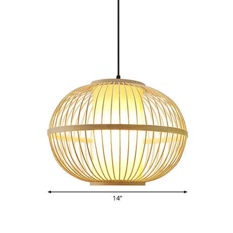 Asian Bamboo 1-Light Beige Pendant Light Fixture - Oval Suspension Lighting Inner Shade 14/16/23.5