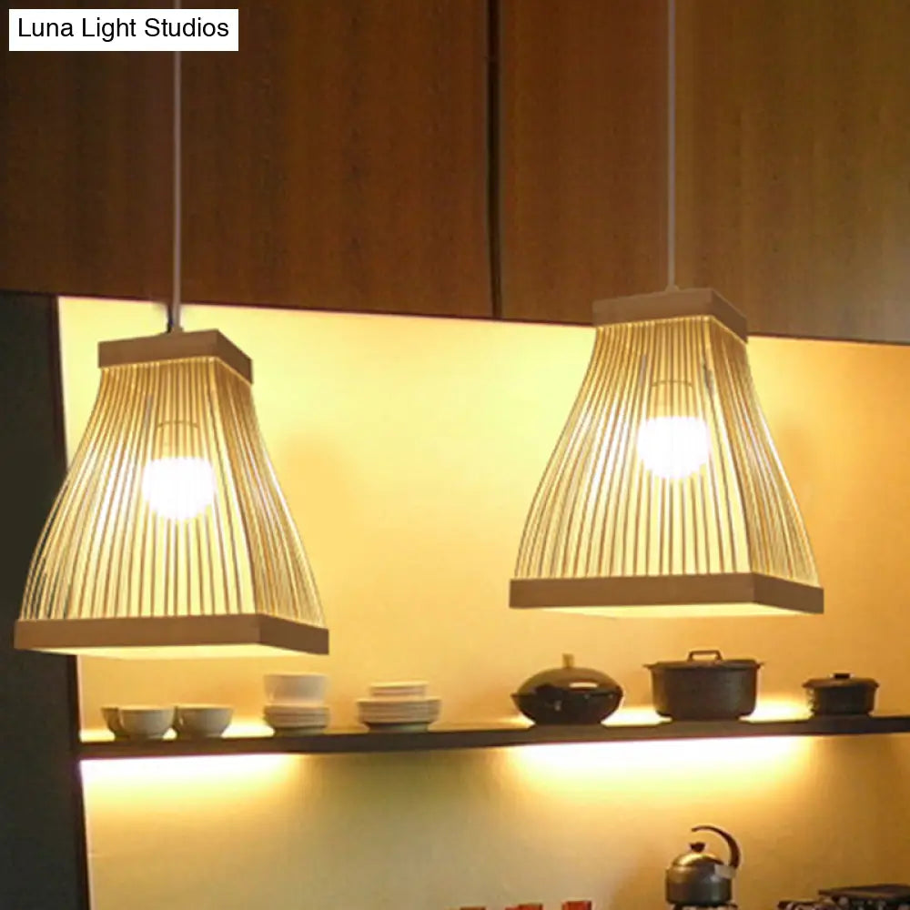 Asian Bamboo Strip Led Pendant Light Kit With Wood Trapezoid Frame Ceiling Lamp Fixture