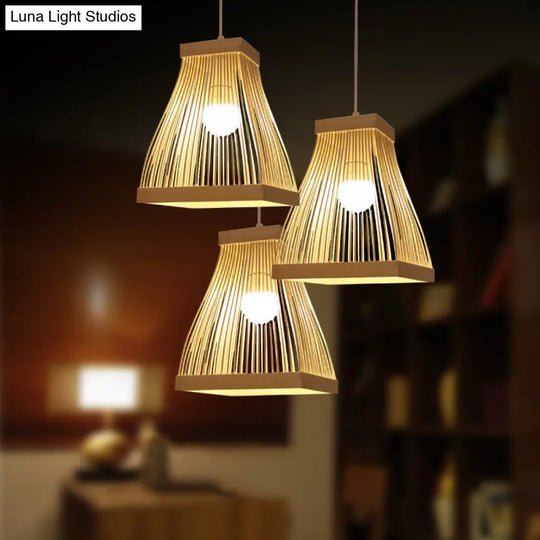 Asian Bamboo Strip Led Pendant Light Kit With Wood Trapezoid Frame Ceiling Lamp Fixture