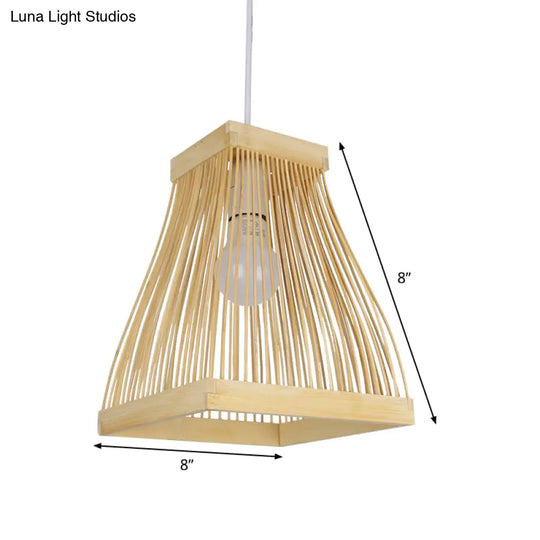 Asian Bamboo Strip Led Pendant Light Kit With Wood Trapezoid Frame Ceiling Lamp Fixture