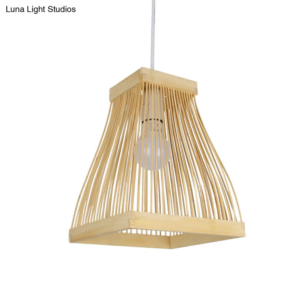 Asian Bamboo Strip Led Pendant Light Kit With Wood Trapezoid Frame Ceiling Lamp Fixture