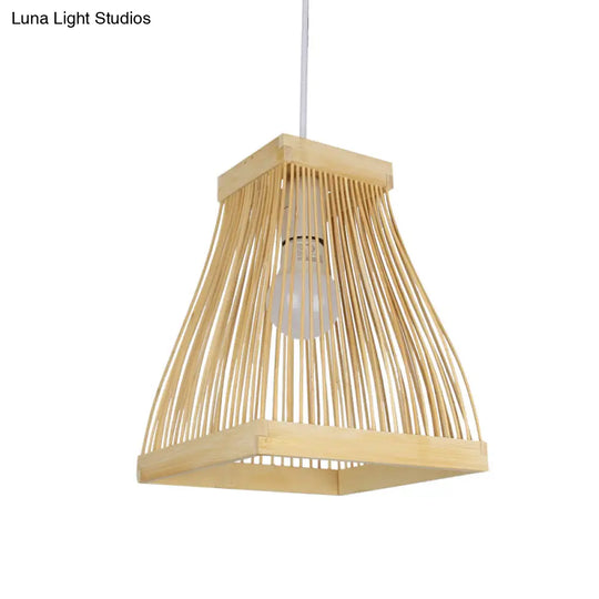 Asian Bamboo Strip Led Pendant Light Kit With Wood Trapezoid Frame Ceiling Lamp Fixture