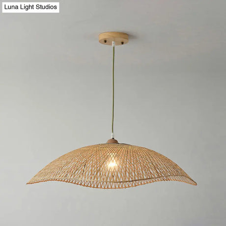 Asian Bamboo Wave-Edge Suspension Pendant Light With 1-Bulb In Beige Ideal For Bedroom Lighting