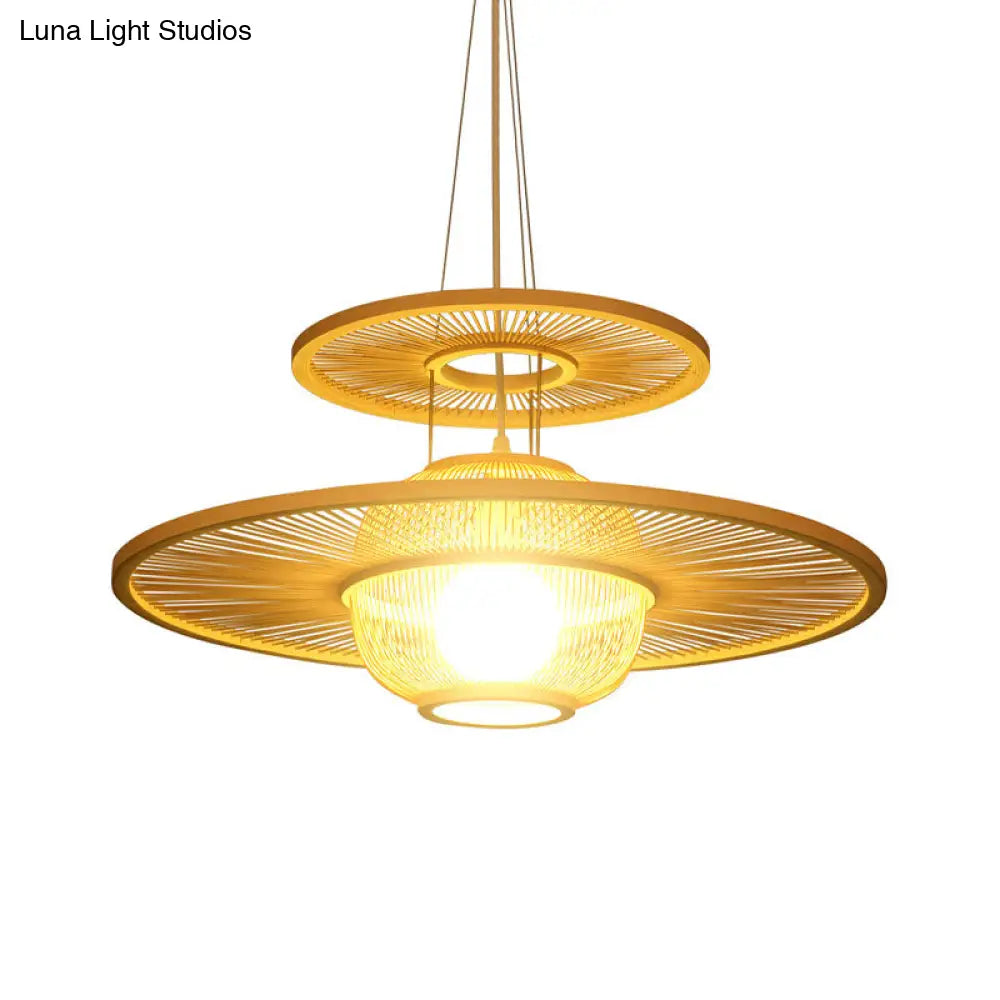 Asian Beige Bamboo Pendant Light: 1-Head Restaurant Hanging Lamp With Round Shade