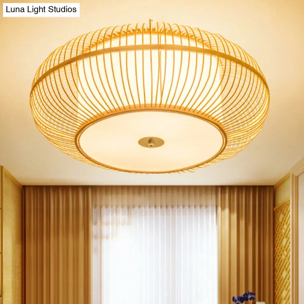 Asian Beige Ceiling Mounted Flush Light With Bamboo Shade - 1 Head Bedroom Fixture