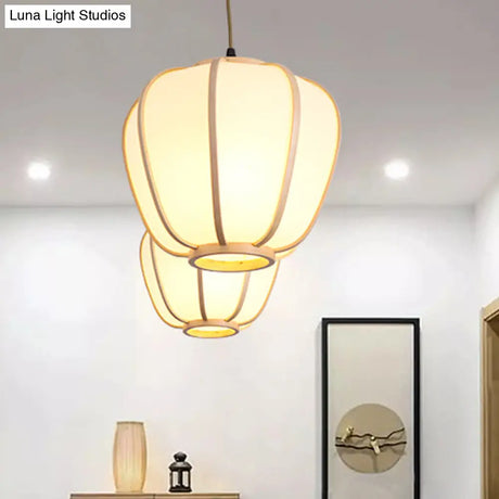 Asian Beige Hanging Pendant Light With Lantern Wood Shade For Restaurants