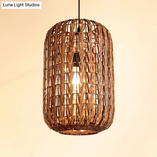 Asian Brown Pendant Light With Rattan Barrel Shade For Restaurants