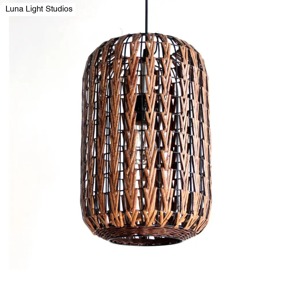 Asian Brown Pendant Light With Rattan Barrel Shade For Restaurants