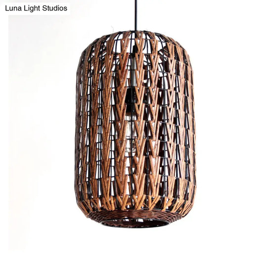 Asian Brown Pendant Light With Rattan Barrel Shade For Restaurants