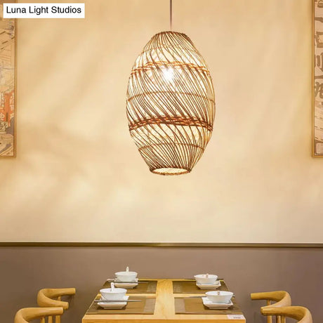 Asian-Inspired Wood Obong Pendant Lamp With Bamboo Rattan Ceiling Suspension