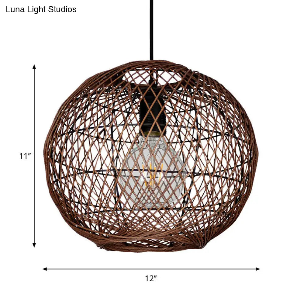 Asian Rattan Ball Pendant Light: Coffee Fixture For Living Room (1 Bulb)