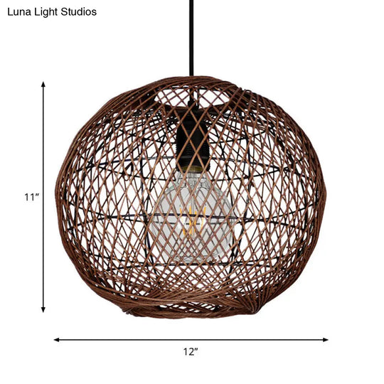 Asian Rattan Ball Pendant Light: Coffee Fixture For Living Room (1 Bulb)
