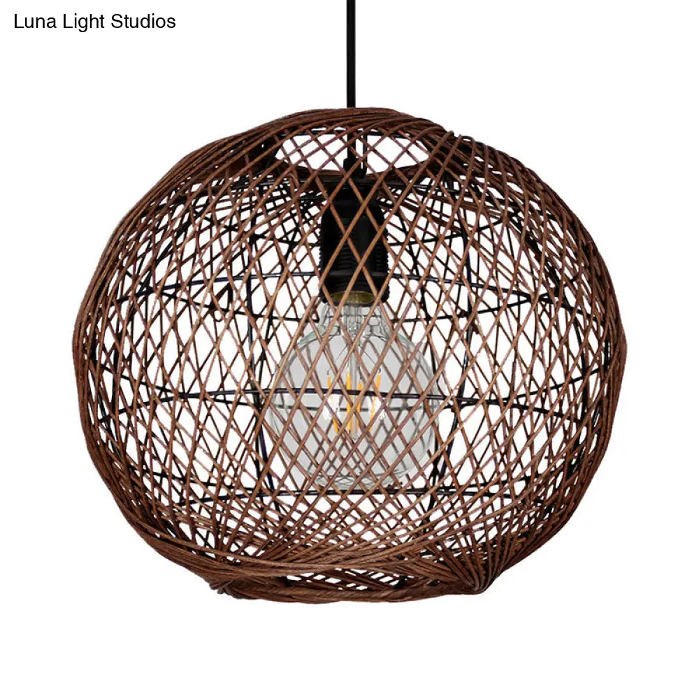 Asian Rattan Ball Ceiling Light - Coffee Pendant Fixture For Living Room 1 Bulb