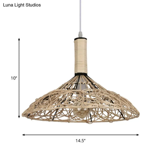 Asian Rattan Cone Ceiling Light - Stylish Wood Pendant Fixture For Living Room