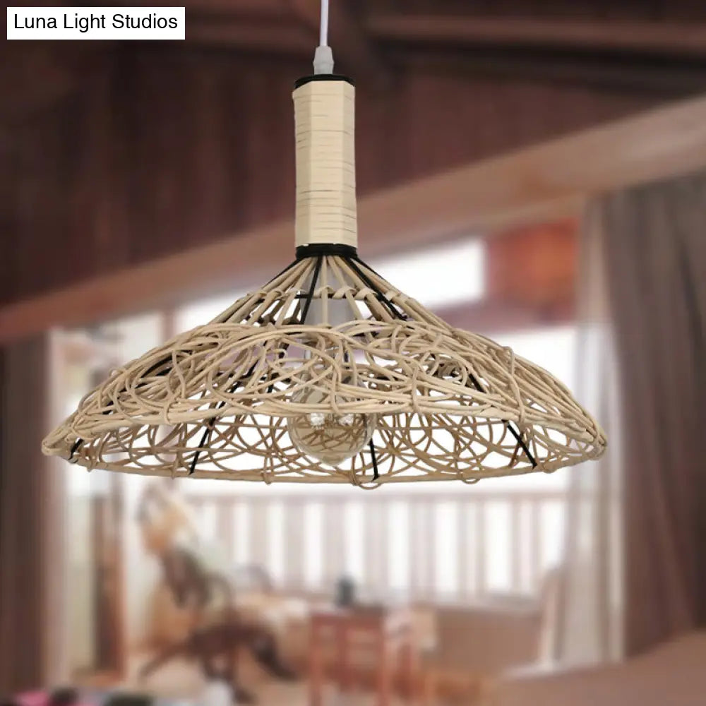 Asian Rattan Cone Ceiling Light - Stylish Wood Pendant Fixture For Living Room