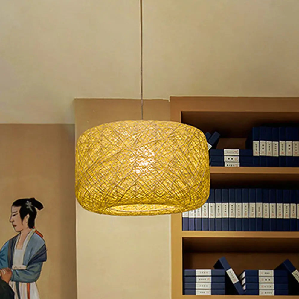 Asian Rattan Drum Pendant Light Fixture With Flaxen Lampshade - 1 Bulb Hanging Kit
