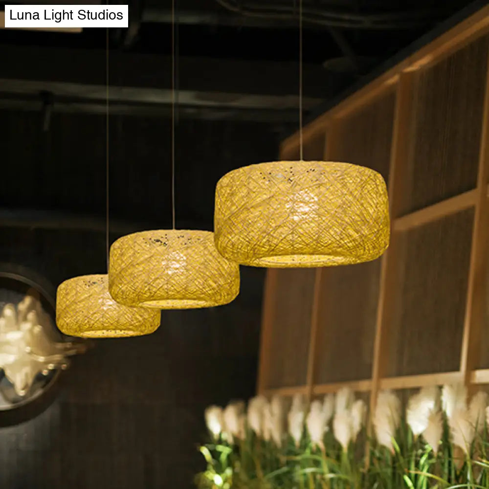 Asian Rattan Drum Pendant Light Fixture With Flaxen Lampshade - 1 Bulb Hanging Kit