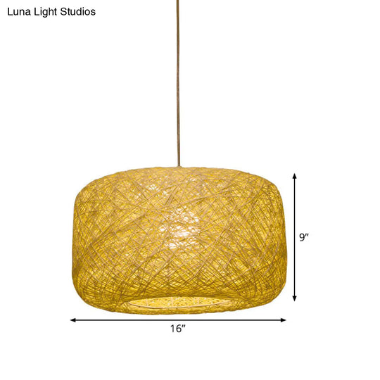 Asian Rattan Drum Pendant Light Fixture With Flaxen Lampshade - 1 Bulb Hanging Kit