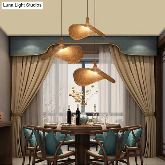 Asian Style Bamboo Ceiling Light: Hat Shape Wood Hanging Fixture For Restaurants / 16