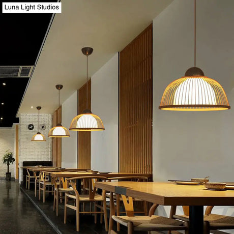 Asian Style Bamboo Ceiling Light: Hemispherical 1 Bulb Wood Hanging Lamp For Restaurants