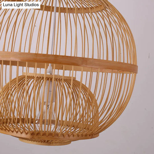 Asian Style Bamboo Ceiling Light With Globe Shade - 1 Bulb Wood Hanging Lamp For Tea Room
