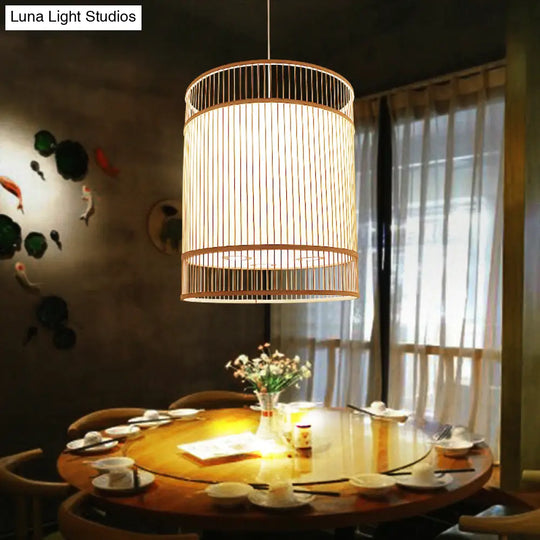 Asian Style Bamboo Hanging Light - Wood Cylinder Ceiling Pendant For Restaurants