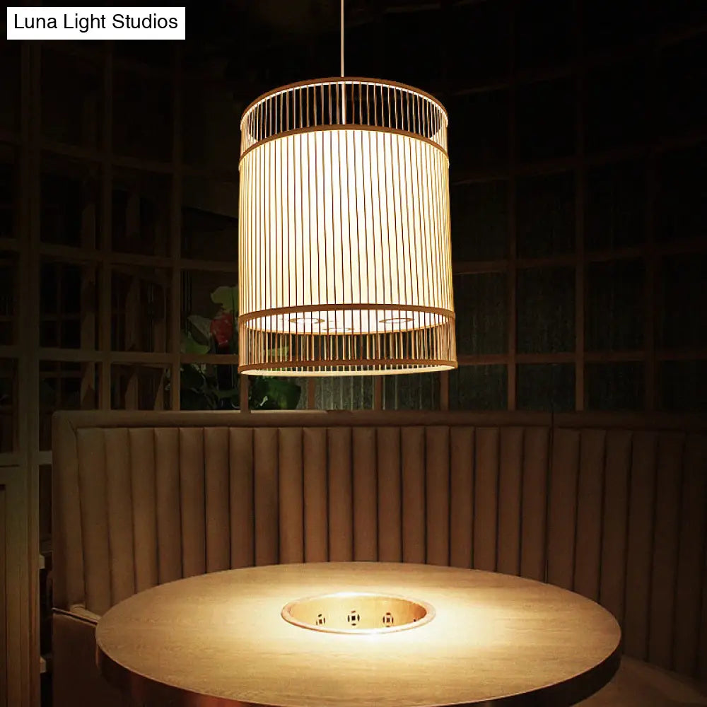 Asian Style Bamboo Hanging Light - Wood Cylinder Ceiling Pendant For Restaurants