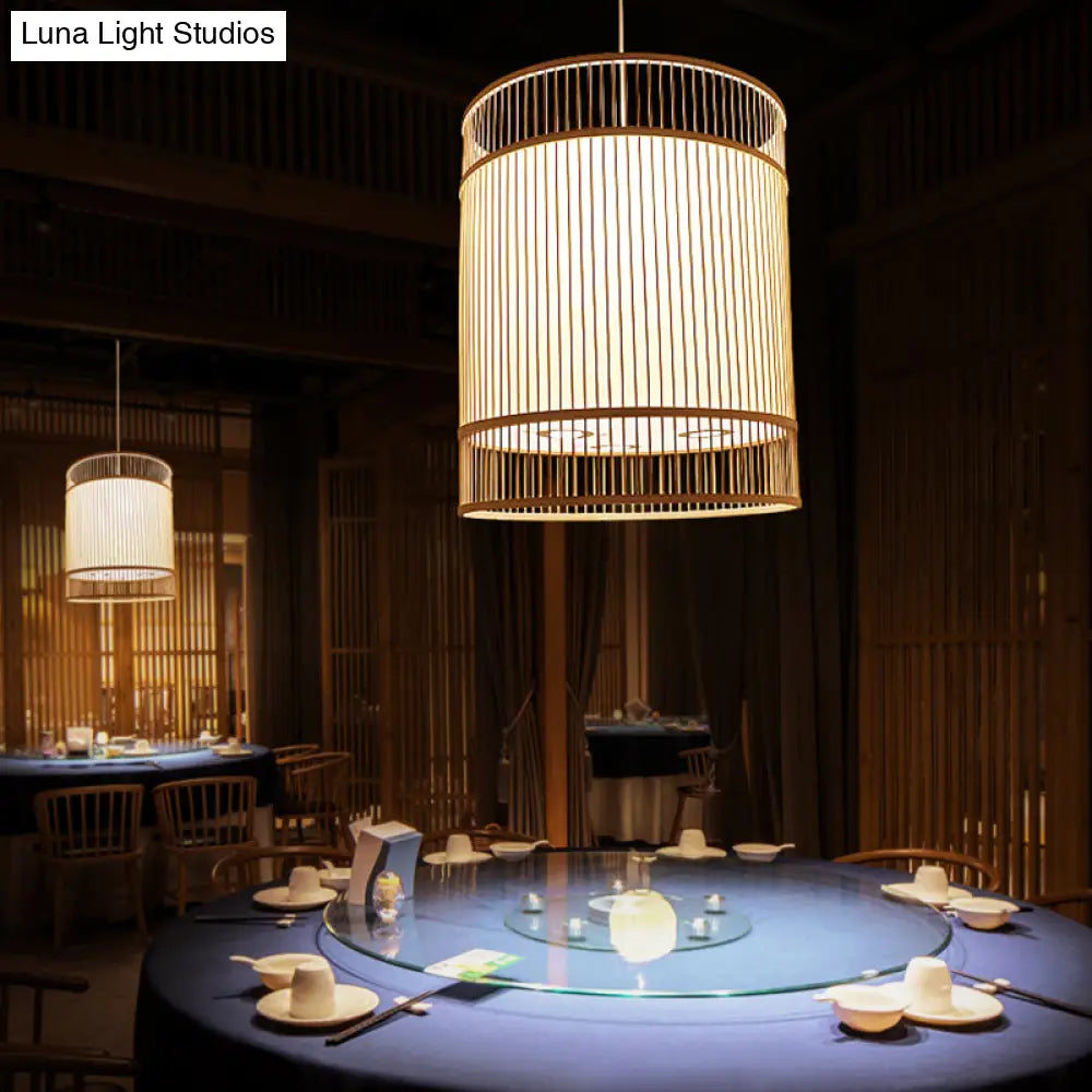 Asian Style Bamboo Hanging Light - Wood Cylinder Ceiling Pendant For Restaurants