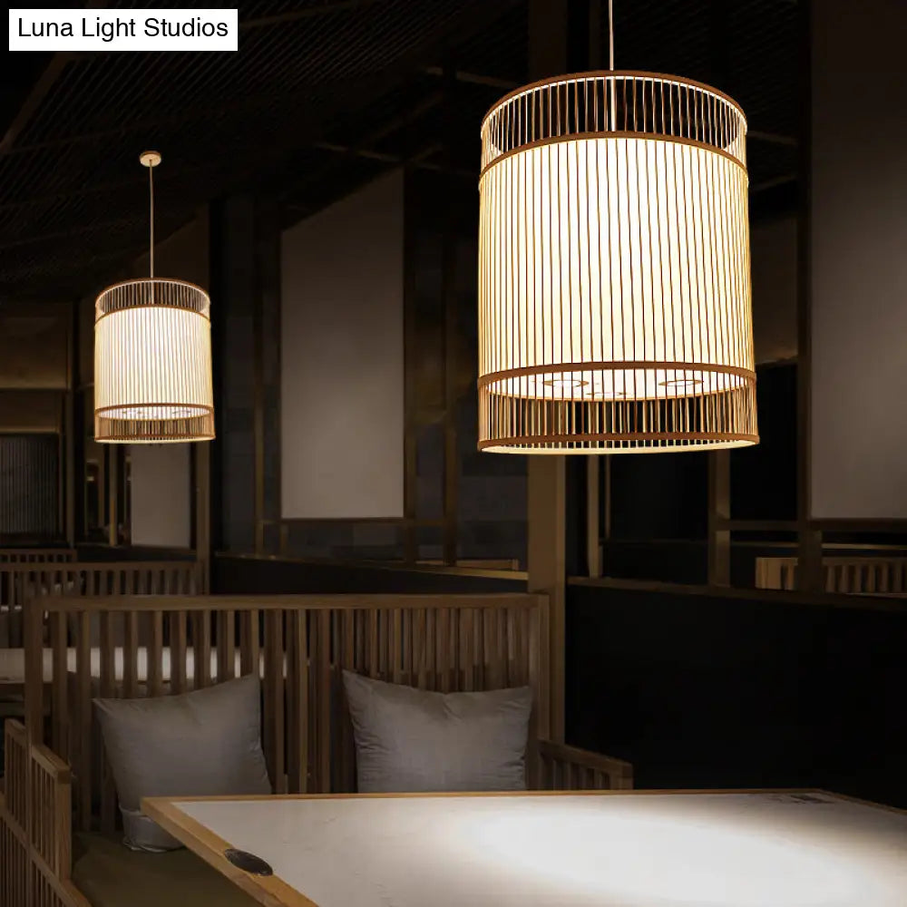 Asian Style Bamboo Hanging Light - Wood Cylinder Ceiling Pendant For Restaurants