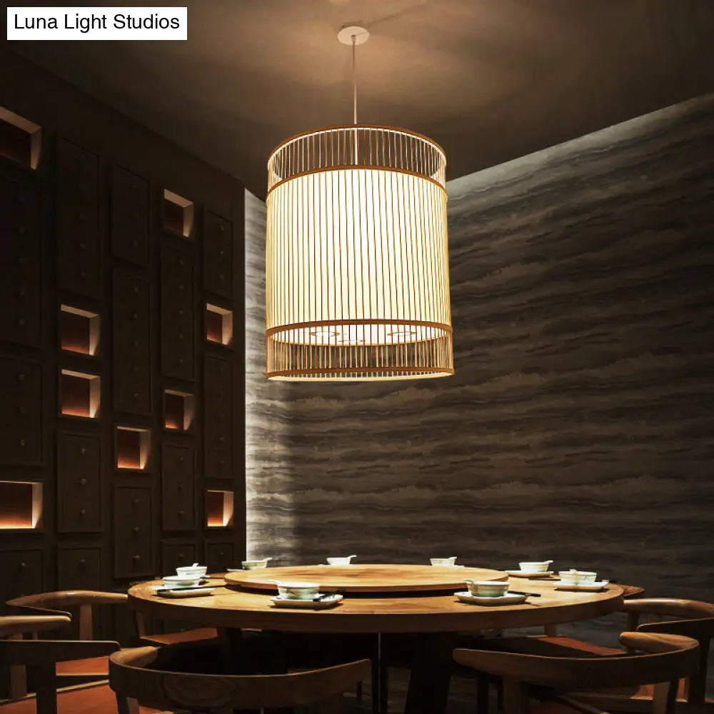 Asian Style Bamboo Hanging Light - Wood Cylinder Ceiling Pendant For Restaurants
