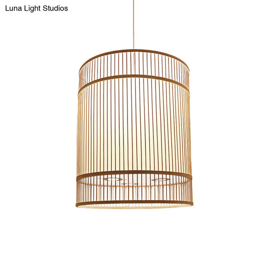Asian Style Bamboo Hanging Light - Wood Cylinder Ceiling Pendant For Restaurants