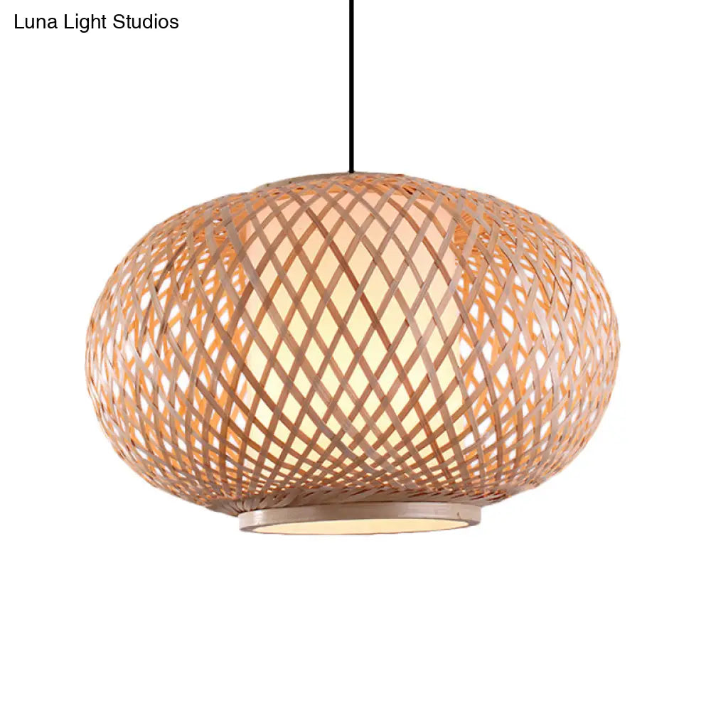 Asian Style Bamboo Pendant Light With Cross Woven Design And Curved Drum Shape For Restaurant