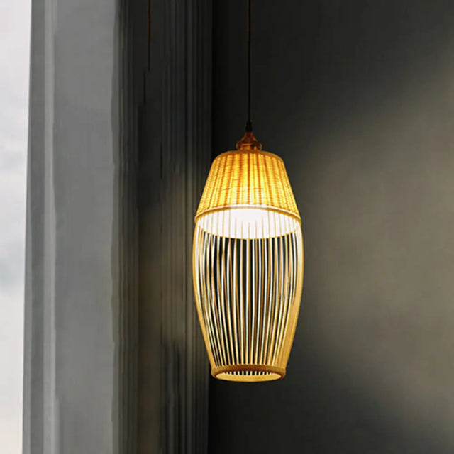 Asian Style Bamboo Rattan Oval Suspension Light - Beige 1-Light Hanging Ceiling Lamp