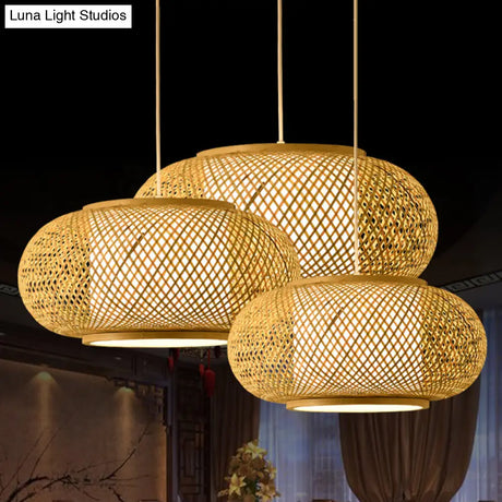 Asian Style Bamboo & Rattan Weaving Drum Pendant Lamp Beige