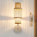 Asian Style Bamboo Wall Lamp Cylinder Fixture Single Bulb Wood Lighting With Curved Arm Ideal For