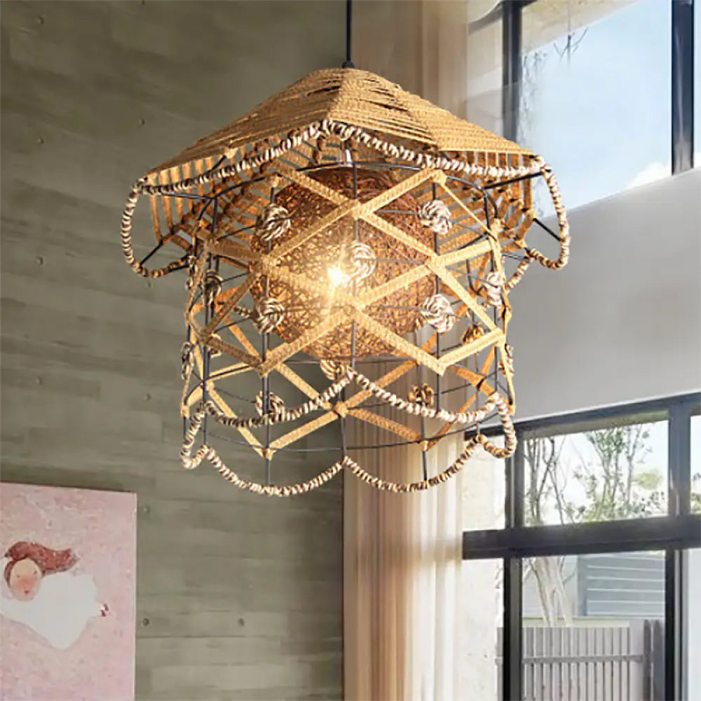 Asian Style Beige Pendant Light With Metal & Rope For Cottage Gold / B