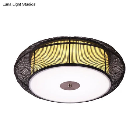 Asian Style Round Bamboo Shade Ceiling Light - 3/4 Lights Black/Wood Fixture For Bedroom 18’/22’ Dia