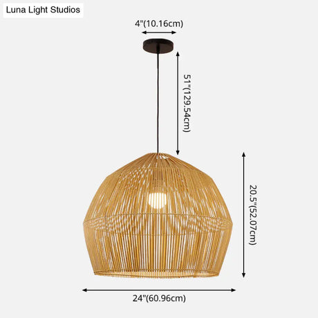 Asian Style Round Pendant Light: 1-Bulb Wood Suspension Fixture For Balcony