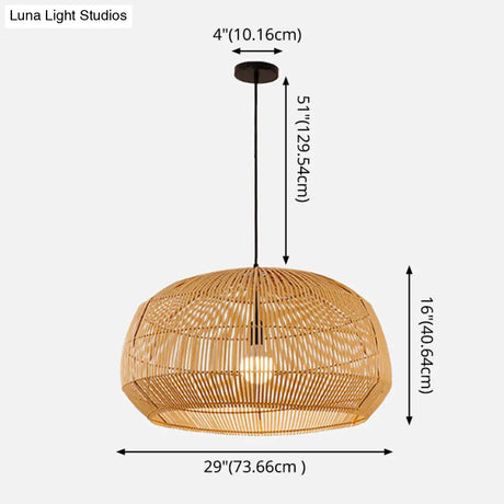 Asian Style Round Pendant Light: 1-Bulb Wood Suspension Fixture For Balcony