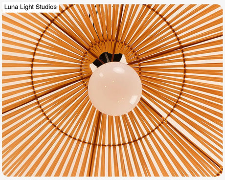 Asian Style Round Pendant Light: 1-Bulb Wood Suspension Fixture For Balcony