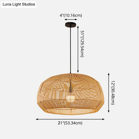 Asian Style Round Pendant Light: 1-Bulb Wood Suspension Fixture For Balcony