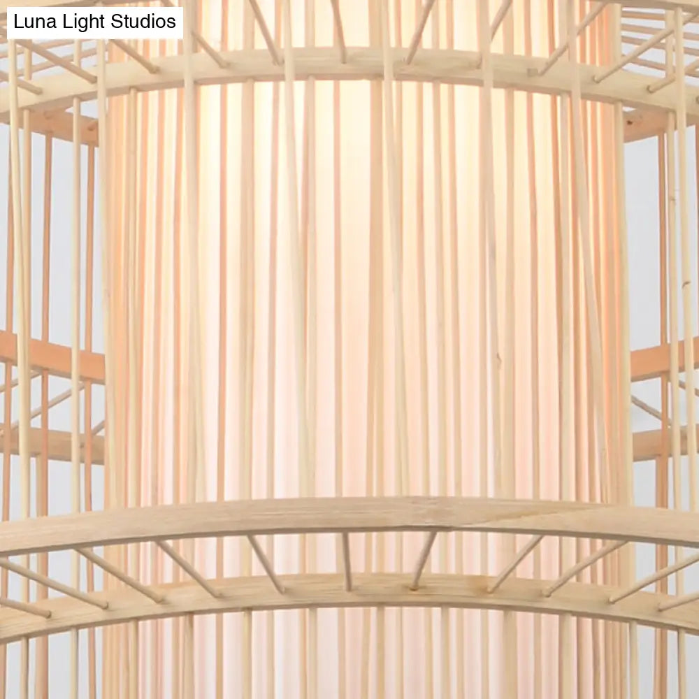 Asian Style Simplicity Pendant Lamp - Double Shade With Bamboo & Imitation Sheepskin Accent