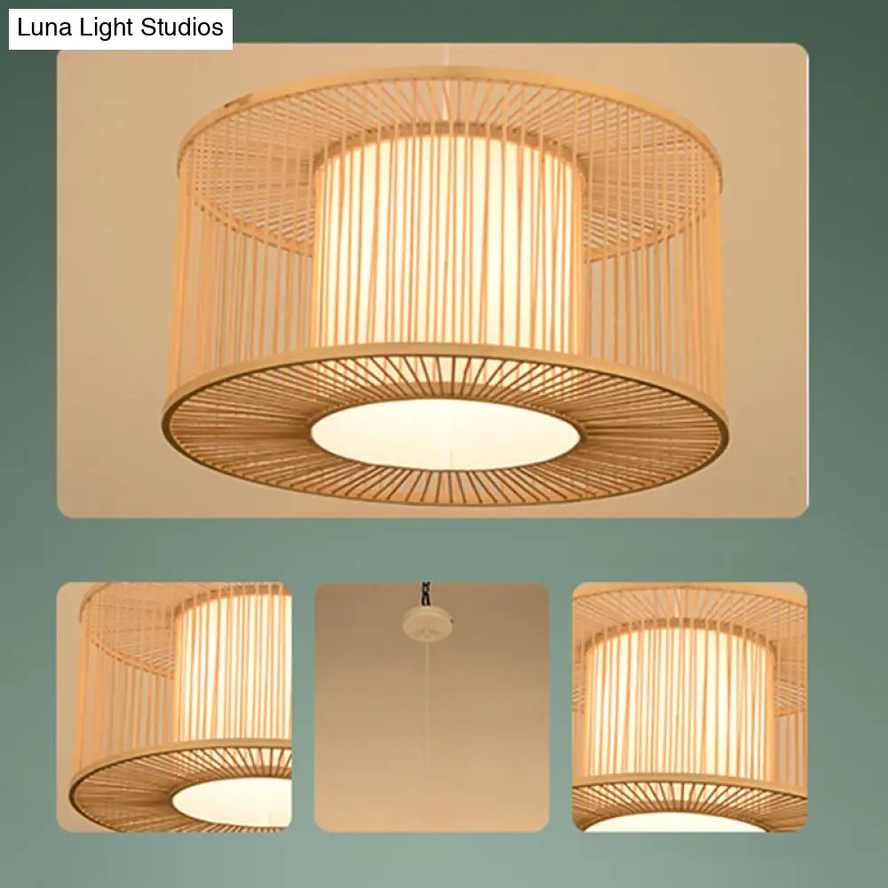 Asian Style Simplicity Pendant Lamp - Double Shade With Bamboo & Imitation Sheepskin Accent