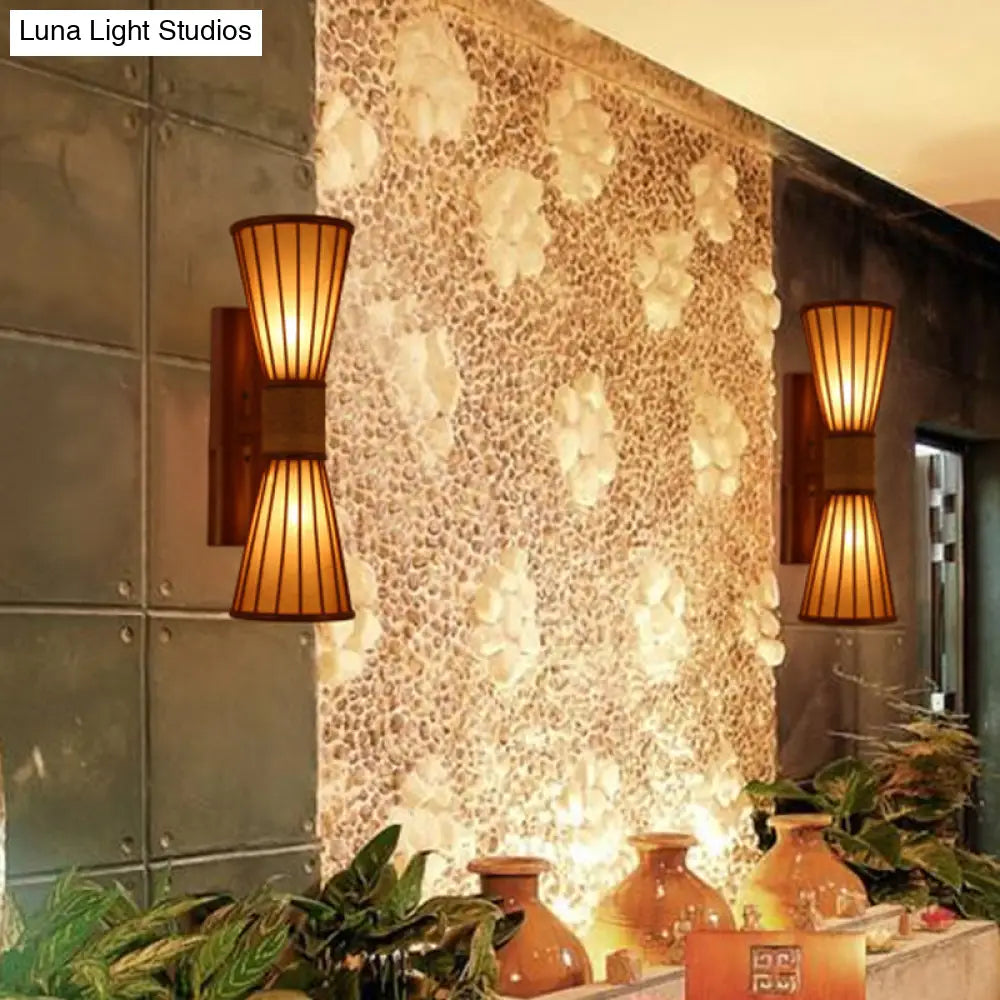 Asian Style Wall Mounted Bamboo Lamps With 2 Heads For Restaurants: Red Brown Hourglass Design