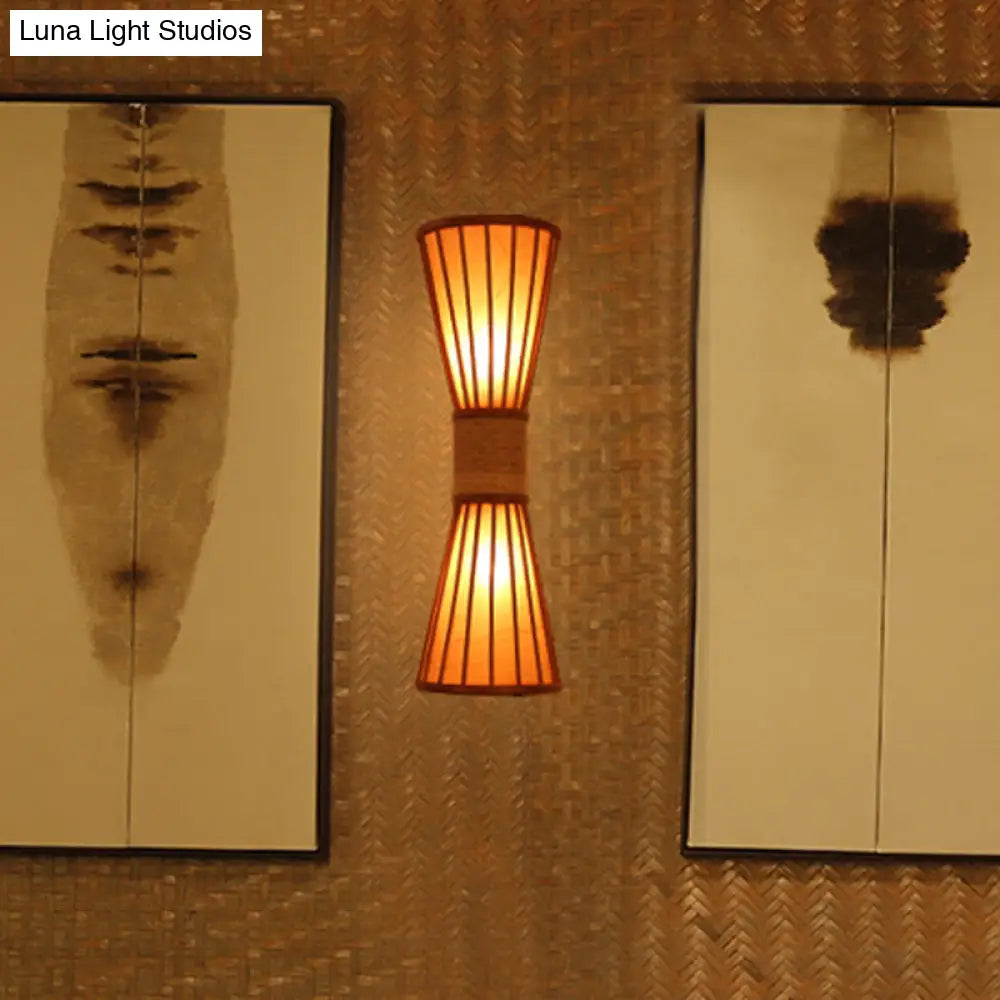 Asian Style Wall Mounted Bamboo Lamps With 2 Heads For Restaurants: Red Brown Hourglass Design