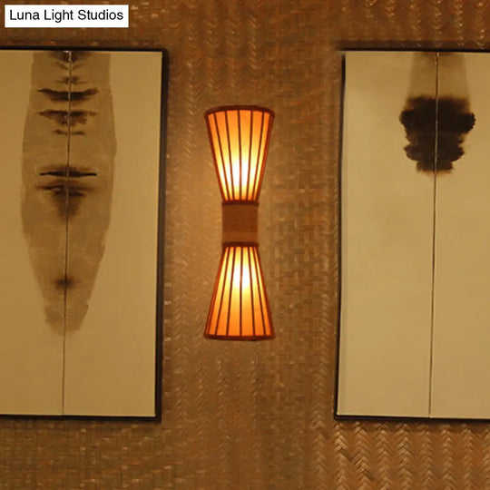 Asian Style Wall Mounted Bamboo Lamps With 2 Heads For Restaurants: Red Brown Hourglass Design