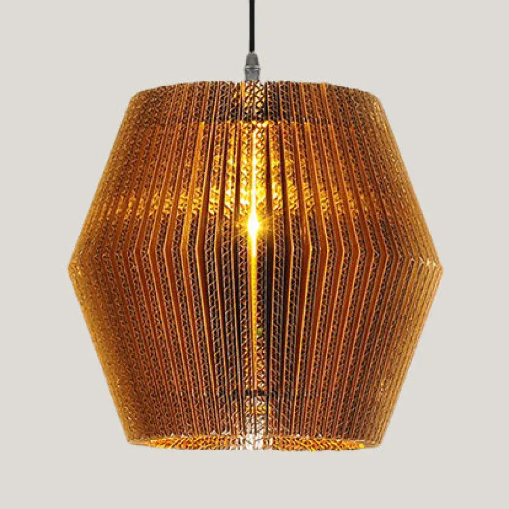 Asian Style Woven Shade Pendant Lamp With Corrugated Paper Design Brown / E