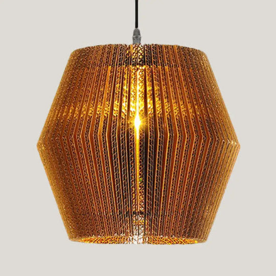 Asian Style Woven Shade Pendant Lamp With Corrugated Paper Design Brown / E